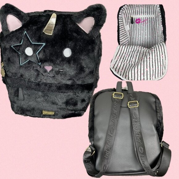 Betsey Johnson Logo Black Cat Unicorn Face Fur & Faux Leather Laptop Backpack - Picture 1 of 5